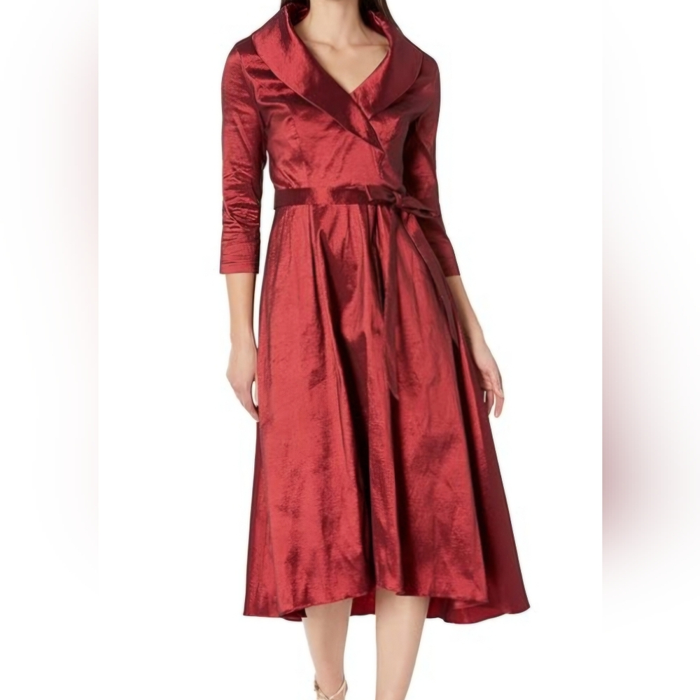 Alex eve Portrait Collar Dress with Full Skirt, Pockets & Tie Belt Detail (Wine)
